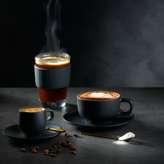 Three coffee cups on a dark surface with a dark background